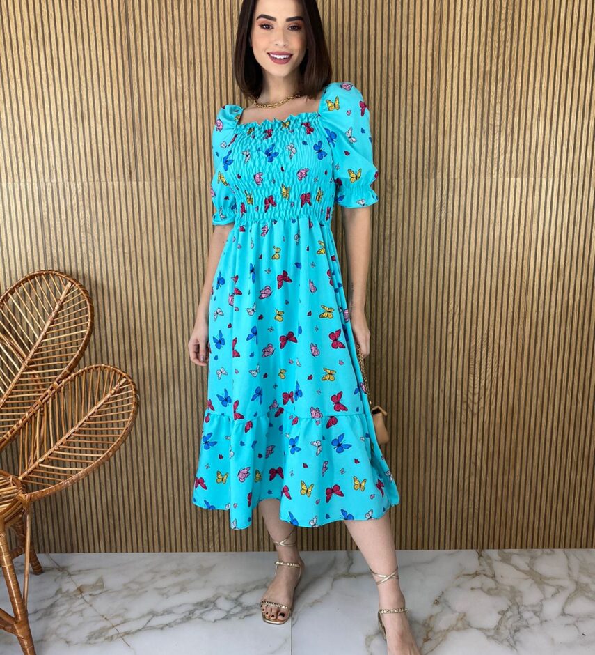 Vestido Midi sem Bojo com Lastex Estampa Borboletas Fundo Azul - Fernanda Ramos Store