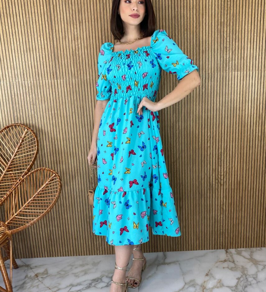 Vestido Midi sem Bojo com Lastex Estampa Borboletas Fundo Azul - Fernanda Ramos Store