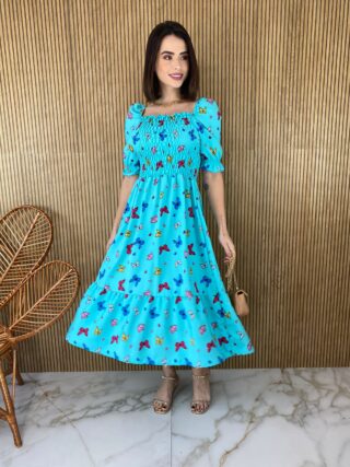 Vestido Midi sem Bojo com Lastex Estampa Borboletas Fundo Azul - Fernanda Ramos Store