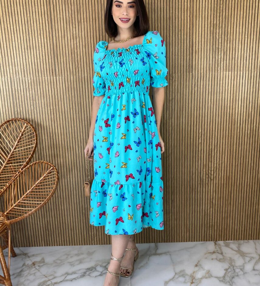 Vestido Midi sem Bojo com Lastex Estampa Borboletas Fundo Azul - Fernanda Ramos Store