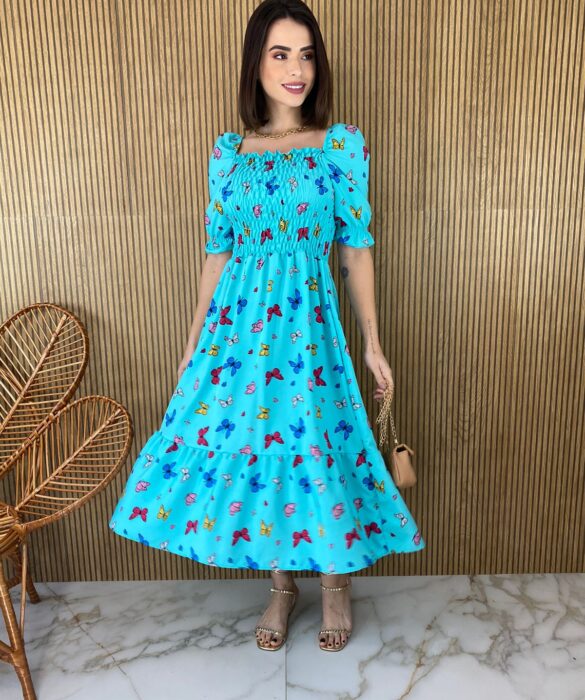 Vestido Midi sem Bojo com Lastex Estampa Borboletas Fundo Azul - Fernanda Ramos Store