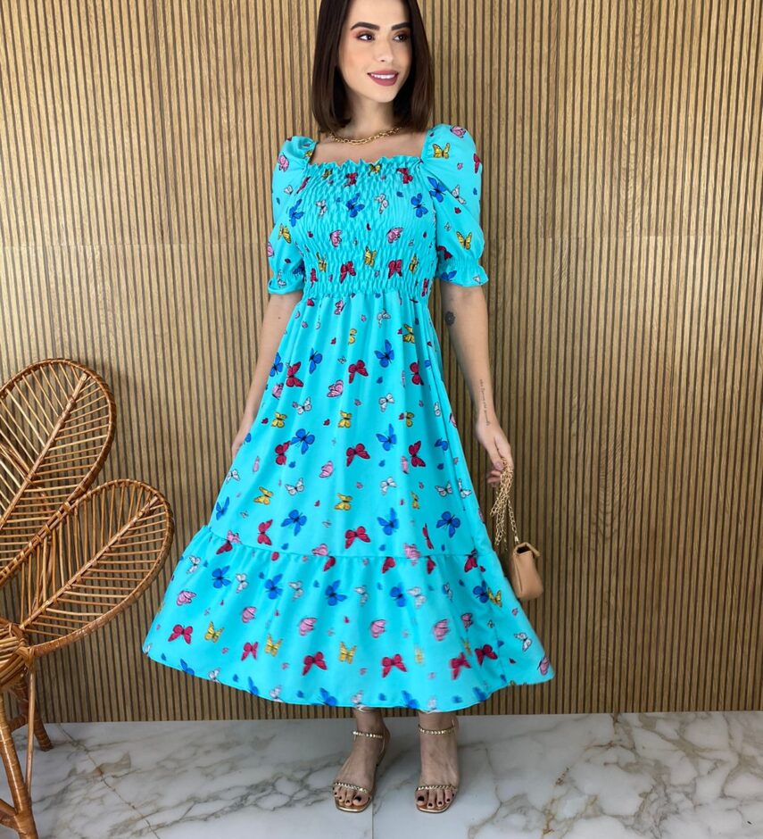 Vestido Midi sem Bojo com Lastex Estampa Borboletas Fundo Azul - Fernanda Ramos Store