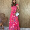 Vestido Longo sem Bojo Estampado Pink Alça com Babado - Fernanda Ramos Store