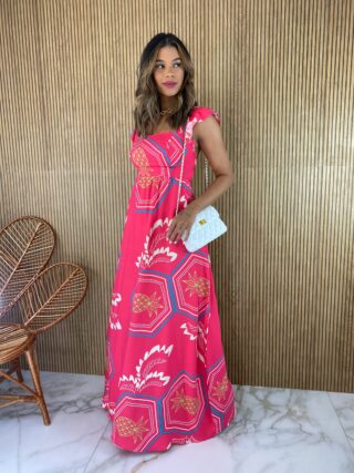 Vestido Longo sem Bojo Estampado Pink Alça com Babado - Fernanda Ramos Store