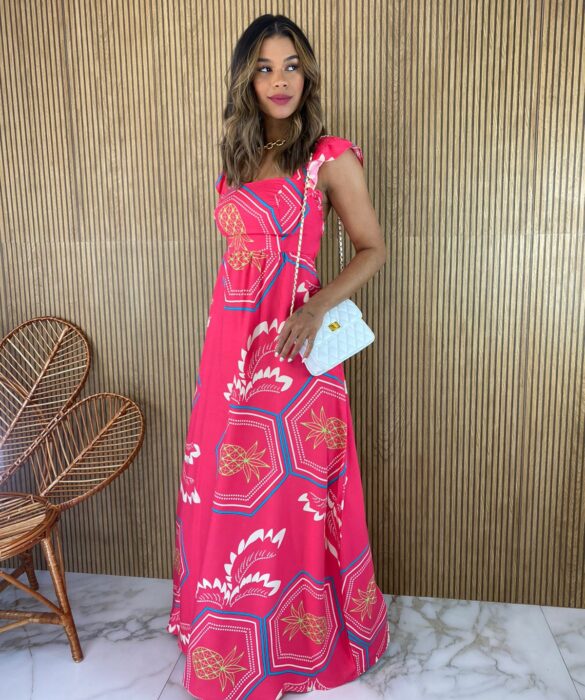 Vestido Longo sem Bojo Estampado Pink Alça com Babado - Fernanda Ramos Store