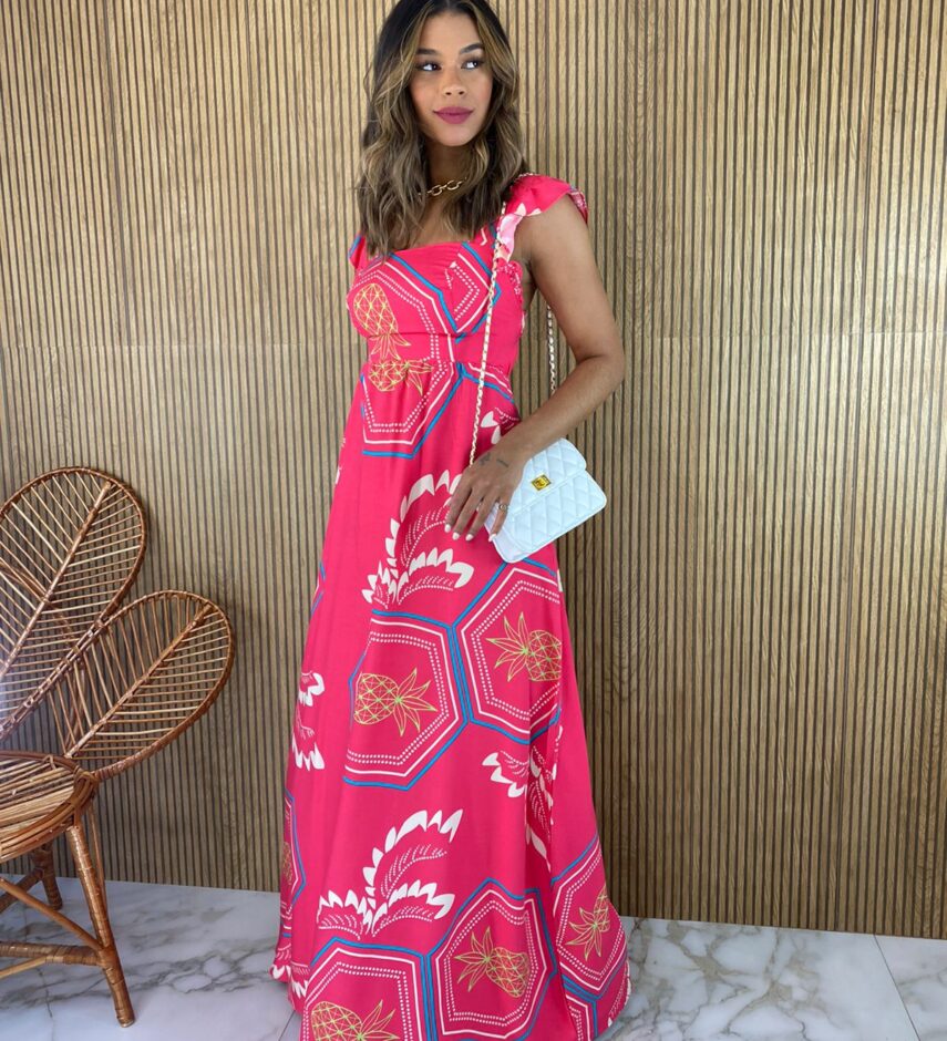 Vestido Longo sem Bojo Estampado Pink Alça com Babado - Fernanda Ramos Store