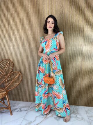 Vestido Longo sem Bojo Babadinho na Alça Estampado - Fernanda Ramos Store