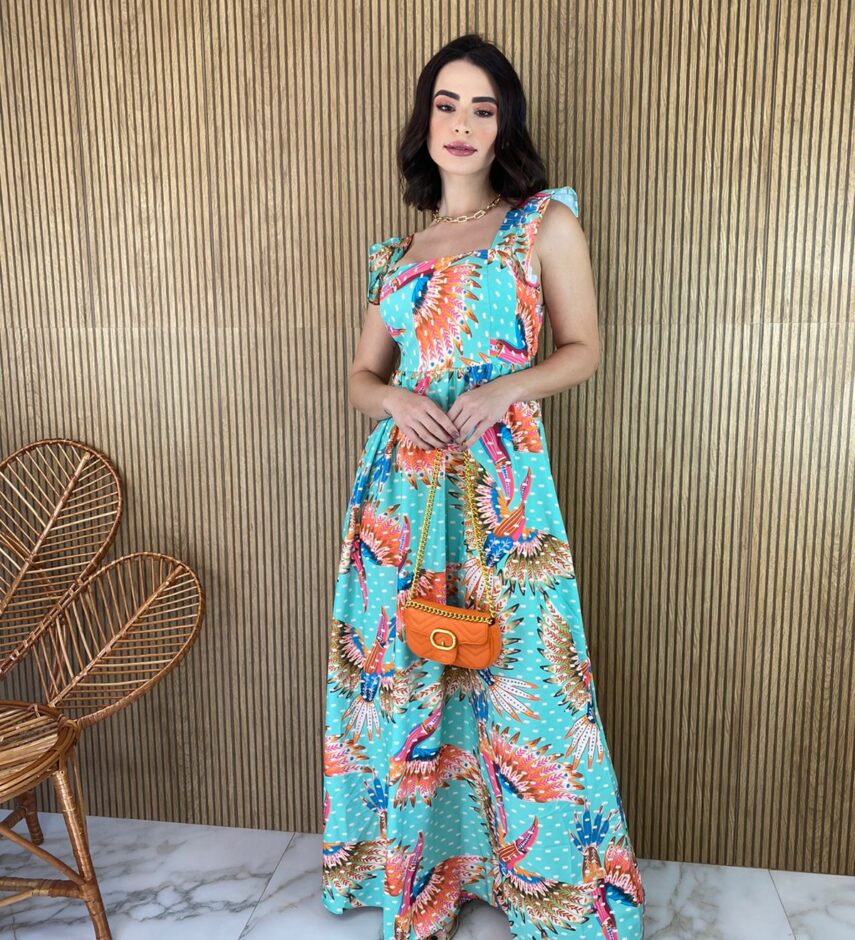 Vestido Longo sem Bojo Babadinho na Alça Estampado - Fernanda Ramos Store