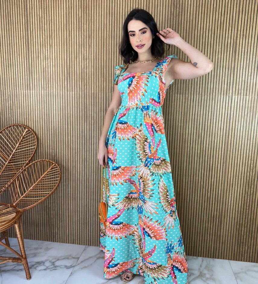 Vestido Longo sem Bojo Babadinho na Alça Estampado - Fernanda Ramos Store