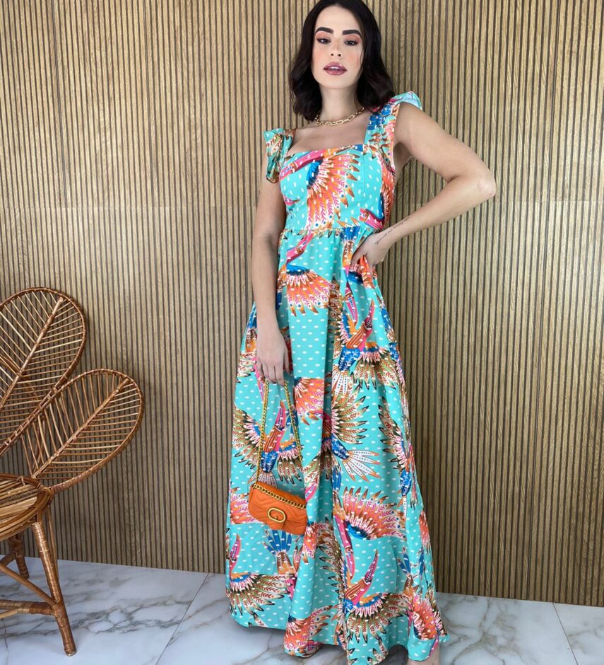 Vestido Longo sem Bojo Babadinho na Alça Estampado - Fernanda Ramos Store