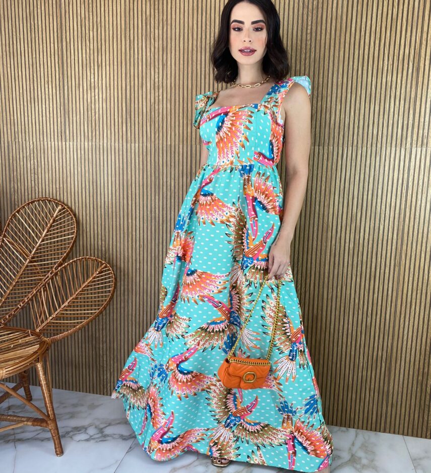 Vestido Longo sem Bojo Babadinho na Alça Estampado - Fernanda Ramos Store