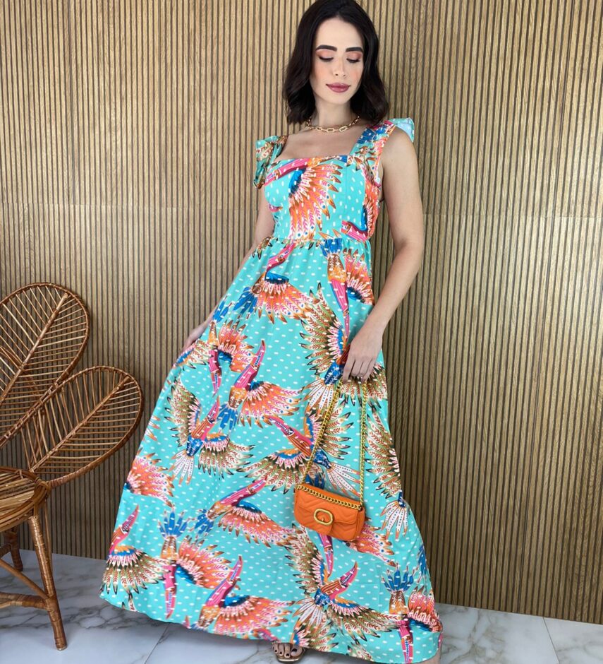 Vestido Longo sem Bojo Babadinho na Alça Estampado - Fernanda Ramos Store