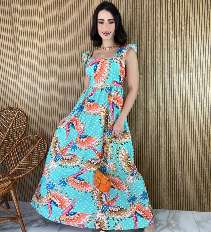Vestido Longo sem Bojo Babadinho na Alça Estampado - Fernanda Ramos Store