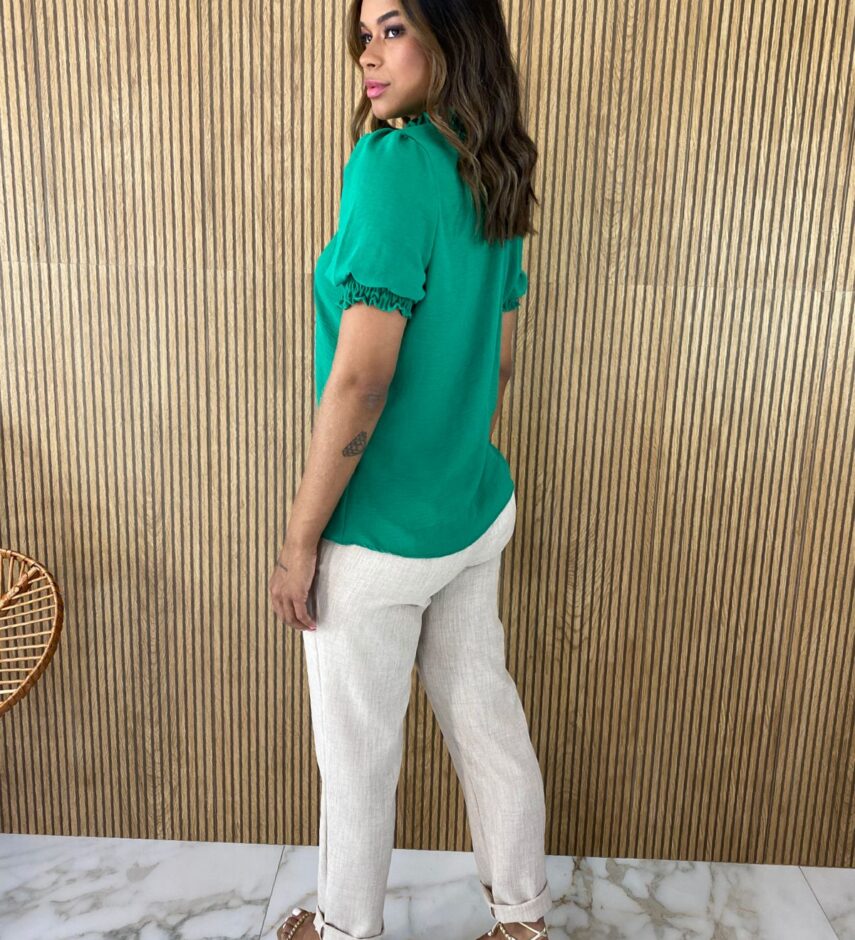 Blusa Feminina Manga Curta com Lastex na Gola e Mangas Verde - Fernanda Ramos Store