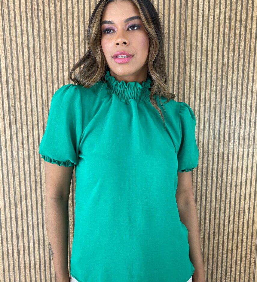 Blusa Feminina Manga Curta com Lastex na Gola e Mangas Verde - Fernanda Ramos Store