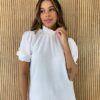 Blusa Feminina Manga Curta com Lastex na Gola e Mangas Branca - Fernanda Ramos Store