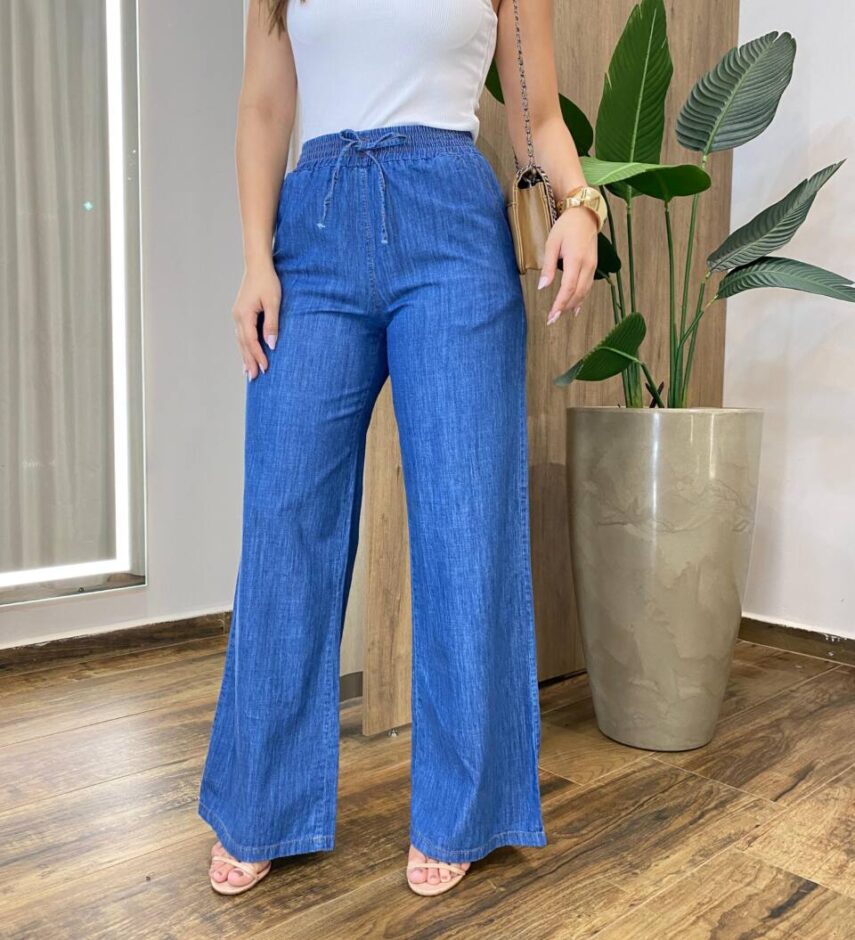 Calça Jeans Feminina Pantalona com Elástico - Fernanda Ramos Store