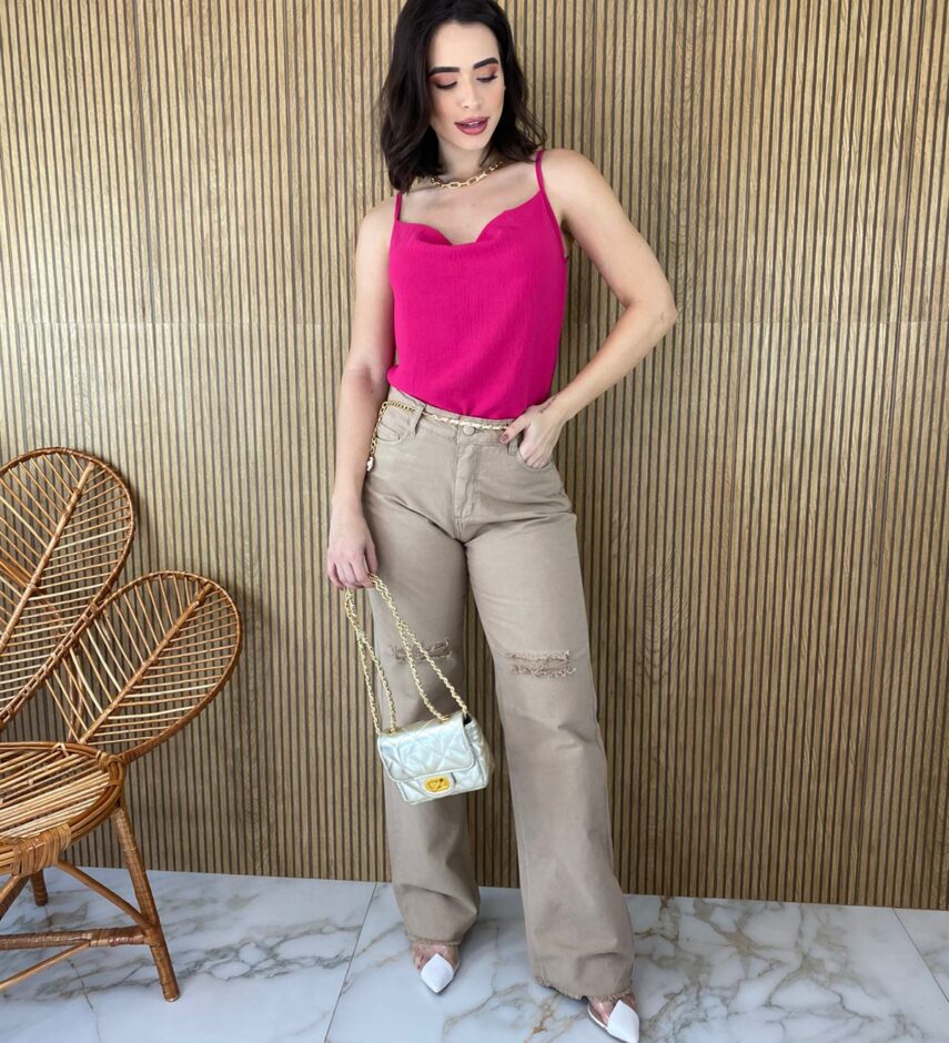 Calça Jeans Feminina Wide Leg 29270 Caqui - Fernanda Ramos Store