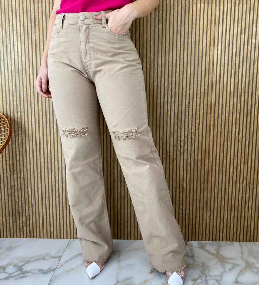 Calça Jeans Feminina Wide Leg 29270 Caqui - Fernanda Ramos Store