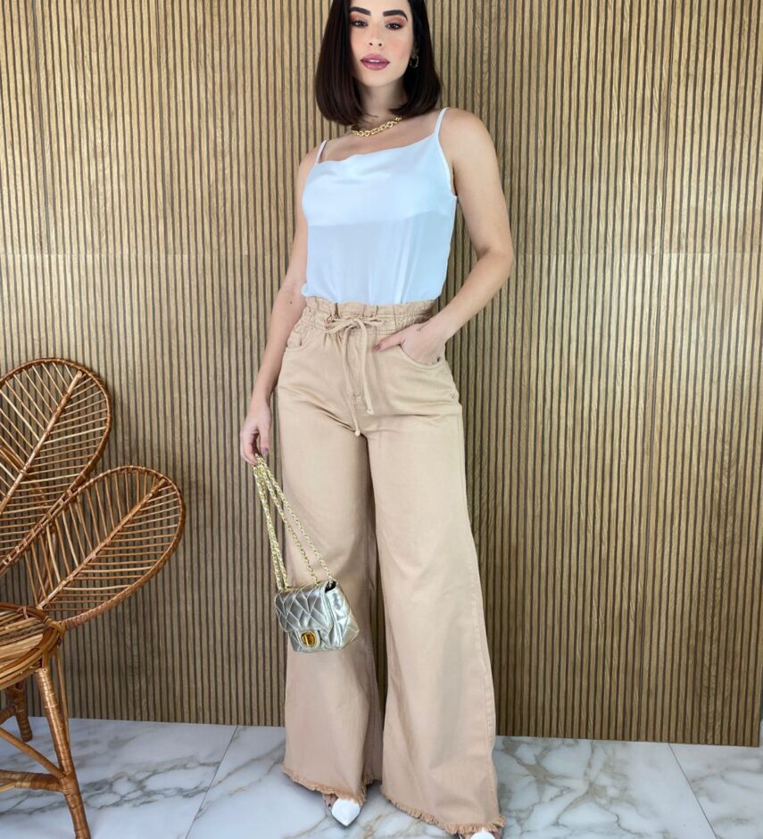 Calça Jeans Feminina Wide Leg Clochard com Amarração Bege - Fernanda Ramos Store