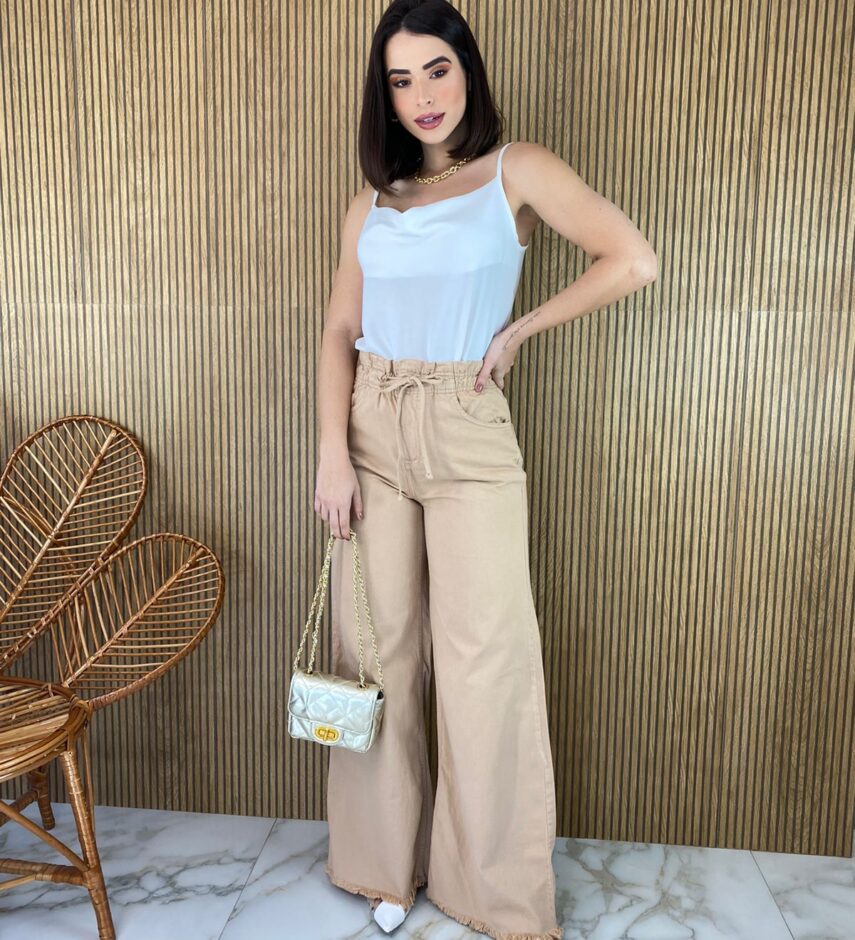 Calça Jeans Feminina Wide Leg Clochard com Amarração Bege - Fernanda Ramos Store