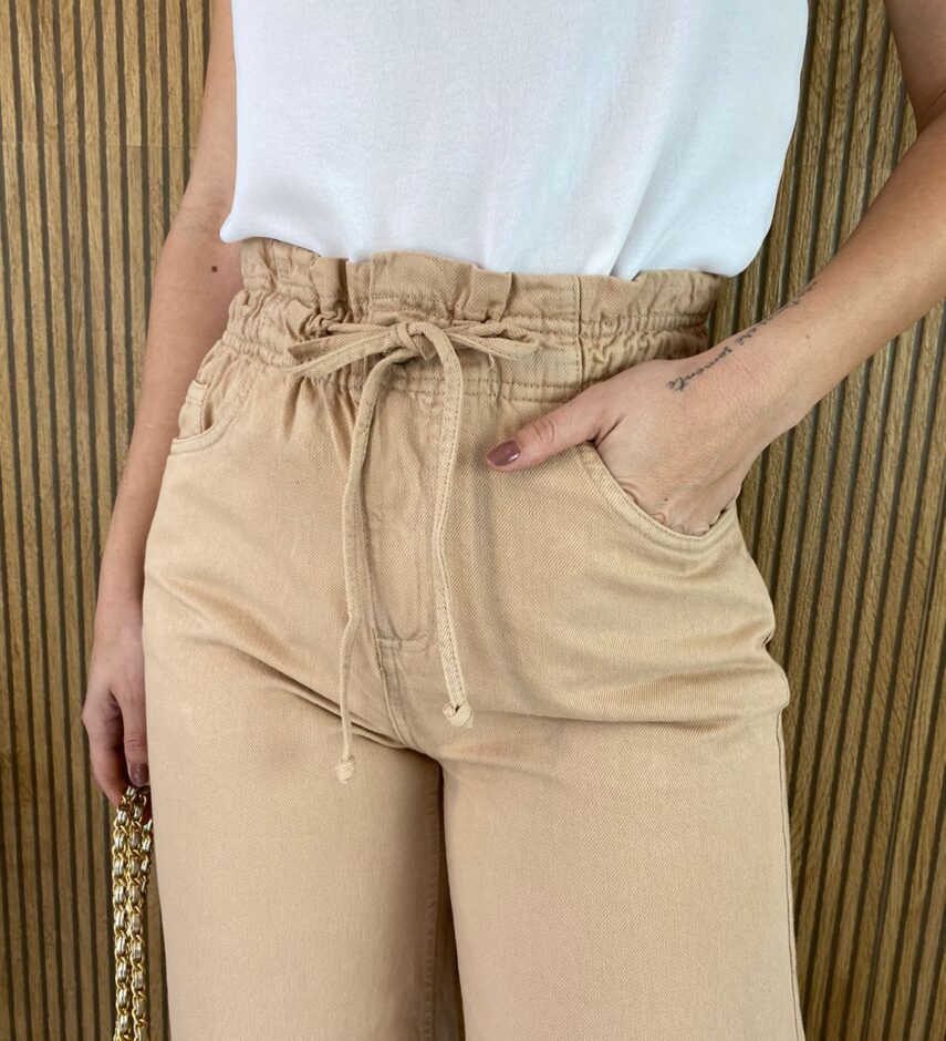 Calça Jeans Feminina Wide Leg Clochard com Amarração Bege - Fernanda Ramos Store