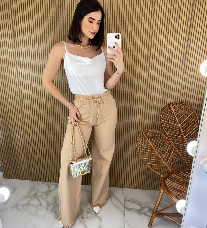 Calça Jeans Feminina Wide Leg Clochard com Amarração Bege - Fernanda Ramos Store