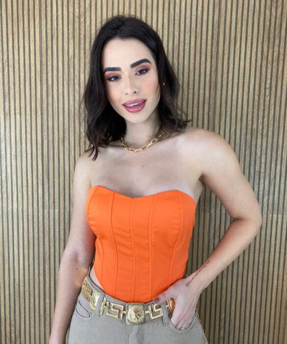 Cropped Corset com Bojo Coral com Amarração - Fernanda Ramos Store