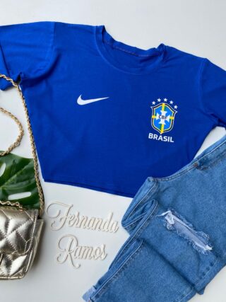 Cropped Feminino Manga Curta sem Bojo com Estampa Azul - Fernanda Ramos Store