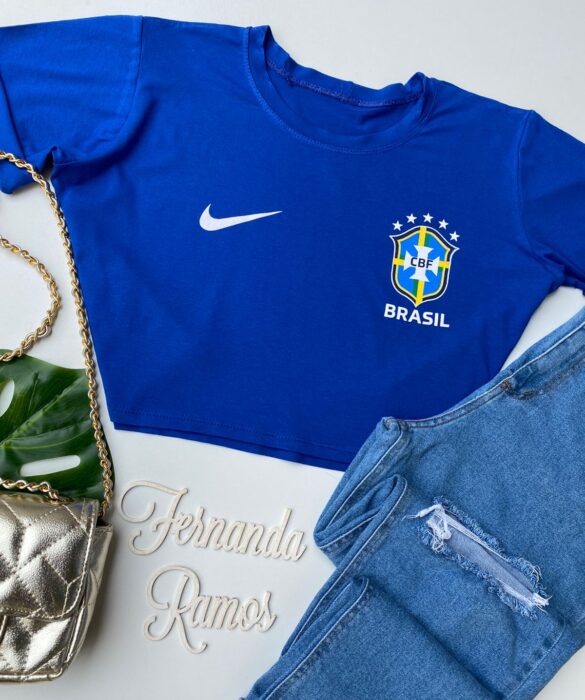 Cropped Feminino Manga Curta sem Bojo com Estampa Azul - Fernanda Ramos Store