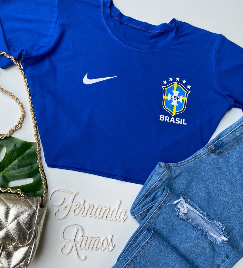 Cropped Feminino Manga Curta sem Bojo com Estampa Azul - Fernanda Ramos Store