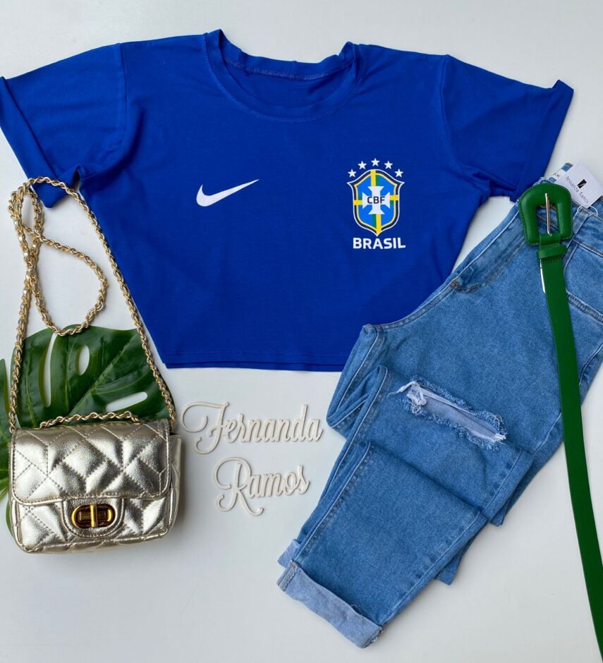Cropped Feminino Manga Curta sem Bojo com Estampa Azul - Fernanda Ramos Store