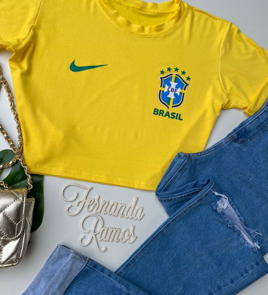 Cropped Feminino Manga Curta sem Bojo com Estampa Amarelo - Fernanda Ramos Store