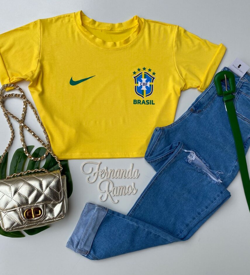 Cropped Feminino Manga Curta sem Bojo com Estampa Amarelo - Fernanda Ramos Store