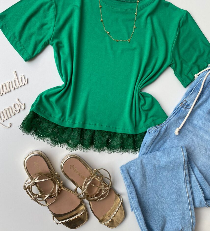 Cropped Feminino Manga Curta sem Bojo com Renda Verde - Fernanda Ramos Store
