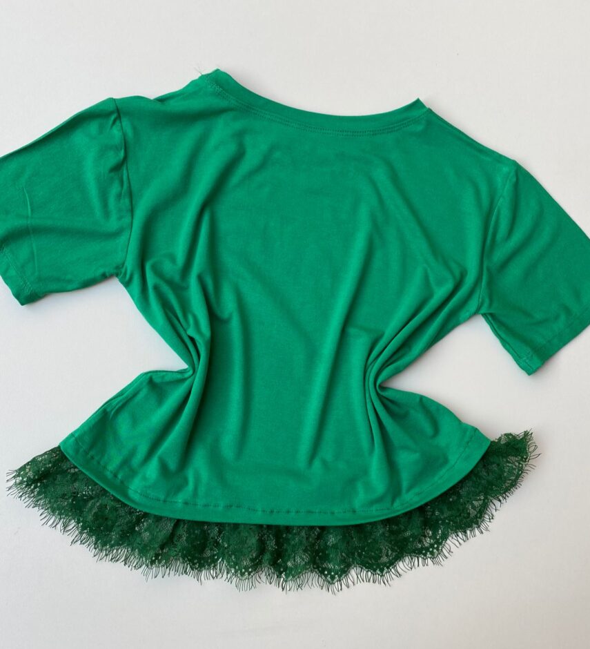 Cropped Feminino Manga Curta sem Bojo com Renda Verde - Fernanda Ramos Store