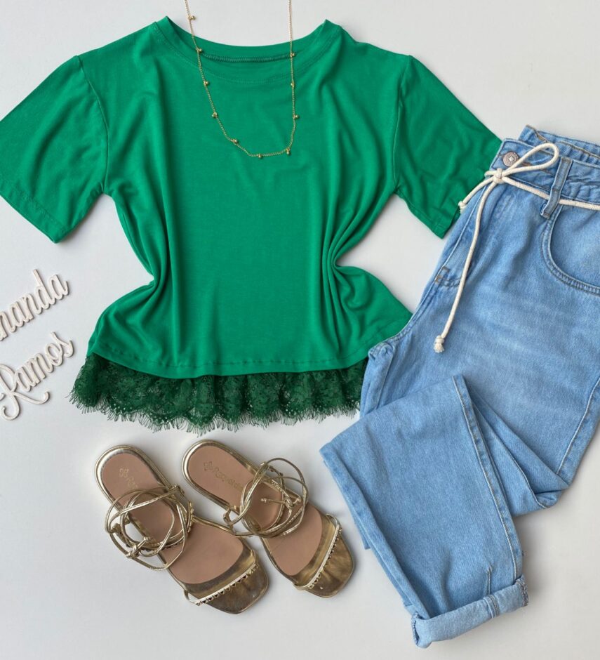 Cropped Feminino Manga Curta sem Bojo com Renda Verde - Fernanda Ramos Store
