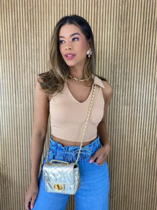 Cropped Feminino sem Bojo Canelado Polo Bege - Fernanda Ramos Store