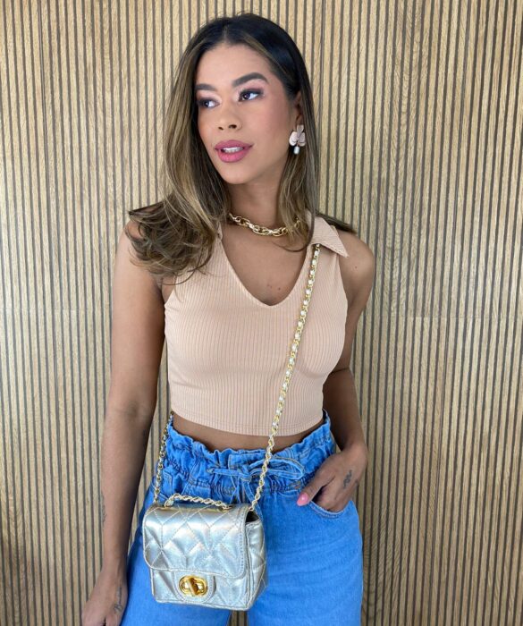 Cropped Feminino sem Bojo Canelado Polo Bege - Fernanda Ramos Store