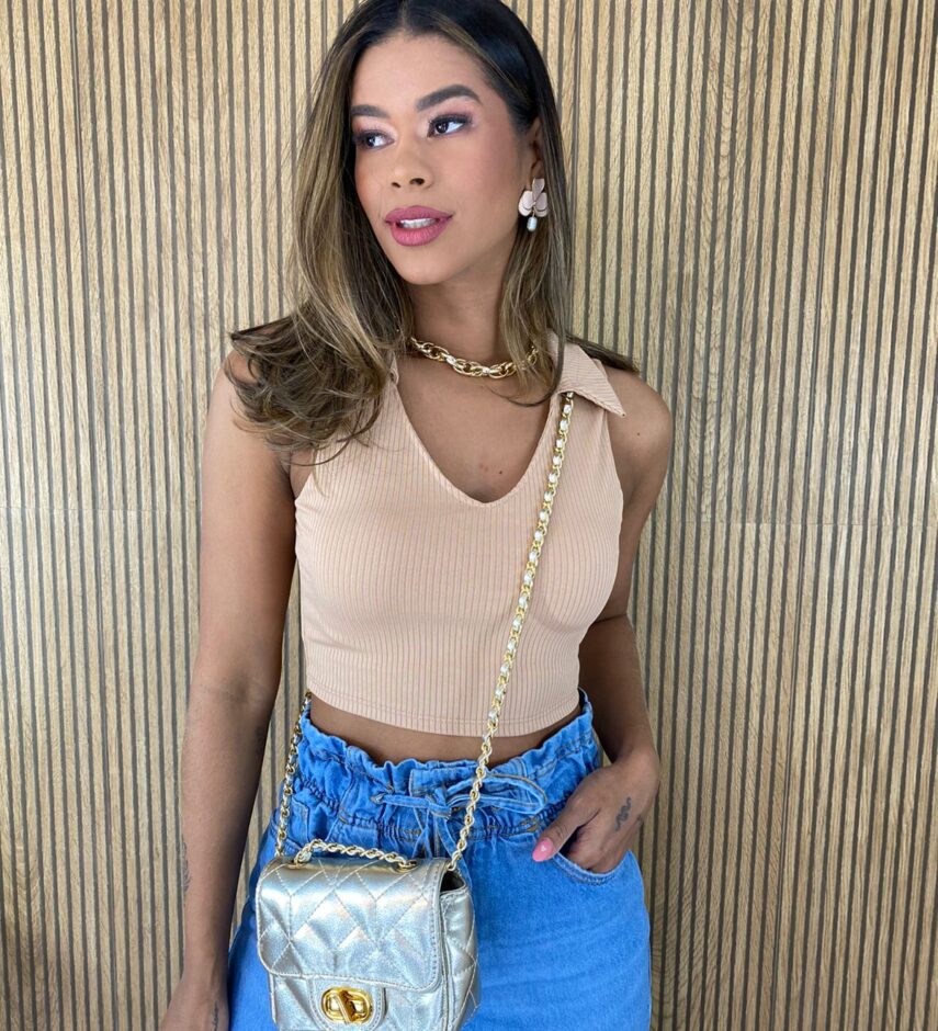 Cropped Feminino sem Bojo Canelado Polo Bege - Fernanda Ramos Store