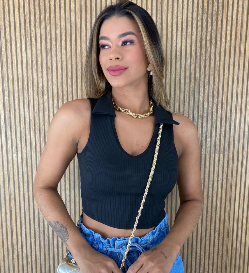 Cropped Feminino sem Bojo Canelado Polo Preto - Fernanda Ramos Store