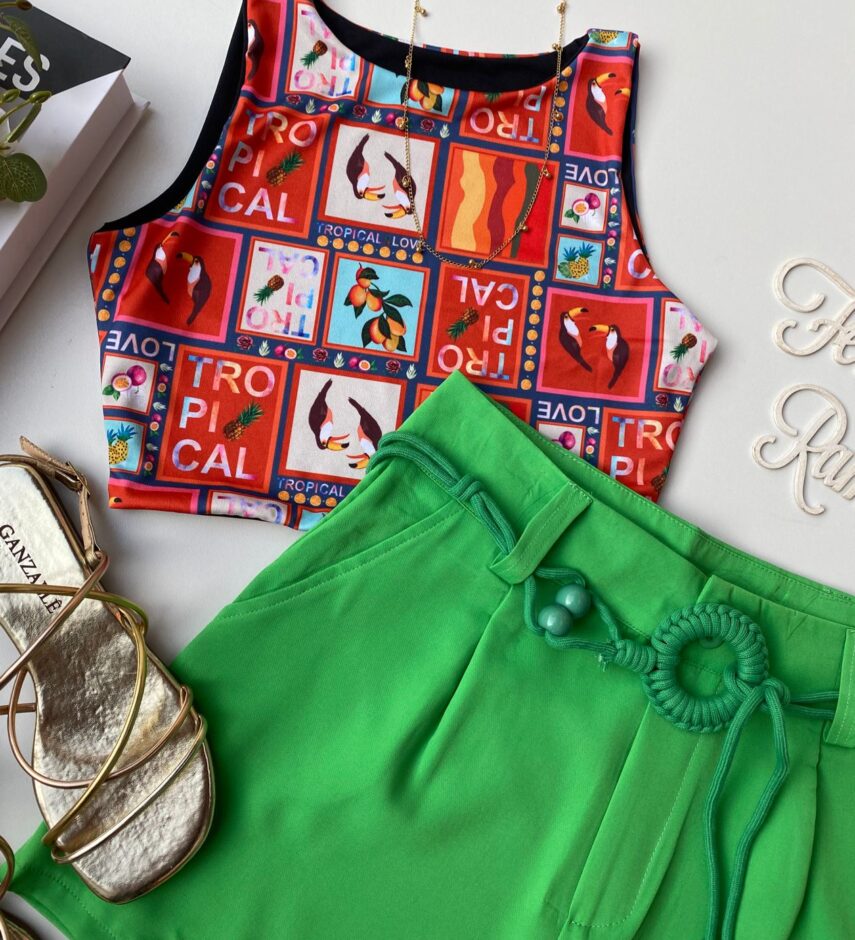 Cropped Feminino sem Bojo Estampado Fundo Laranja - Fernanda Ramos Store