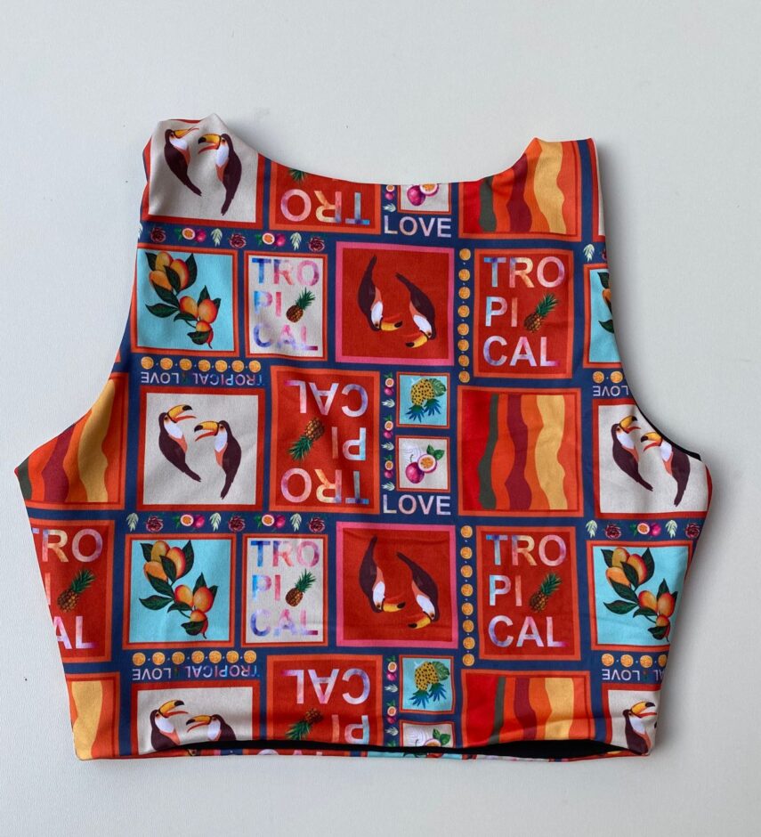 Cropped Feminino sem Bojo Estampado Fundo Laranja - Fernanda Ramos Store