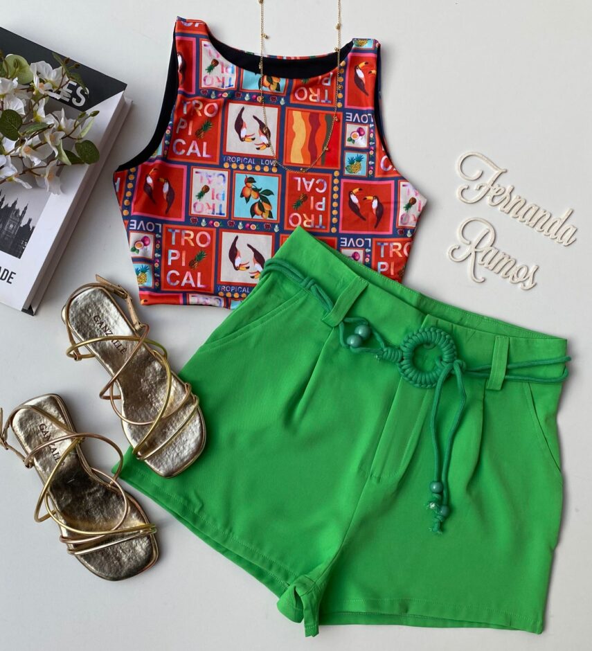 Cropped Feminino sem Bojo Estampado Fundo Laranja - Fernanda Ramos Store