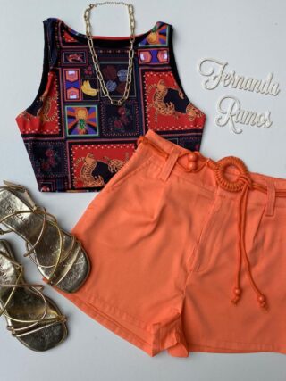 Cropped Feminino sem Bojo Estampado Fundo Preto - Fernanda Ramos Store