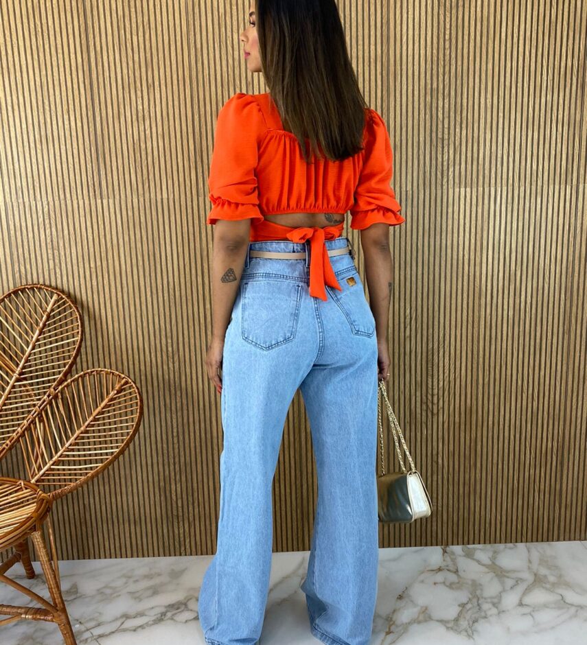 Cropped Feminino com Bojo Manga Curta com Elástico Coral - Fernanda Ramos Store