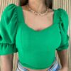 Cropped Feminino com Bojo Manga Curta com Elástico Verde - Fernanda Ramos Store