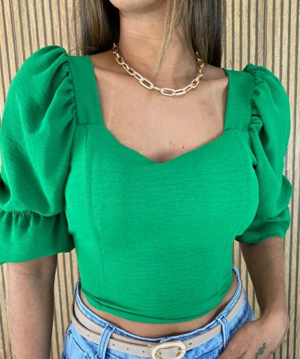 Cropped Feminino com Bojo Manga Curta com Elástico Verde - Fernanda Ramos Store