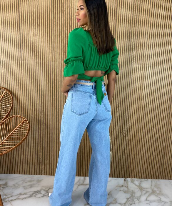 Cropped Feminino com Bojo Manga Curta com Elástico Verde - Fernanda Ramos Store