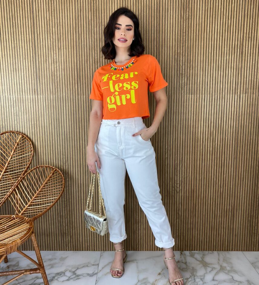 Cropped sem Bojo Manga Curta Colar Removível Coral - Fernanda Ramos Store
